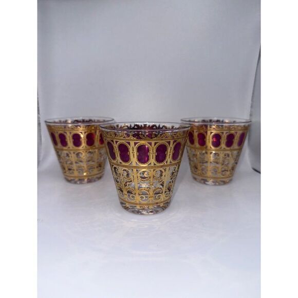 Vintage Set of Three Culver Glasses W/ 22-Karat Gold and Azure Cranberry Scroll - Picture 1 of 8